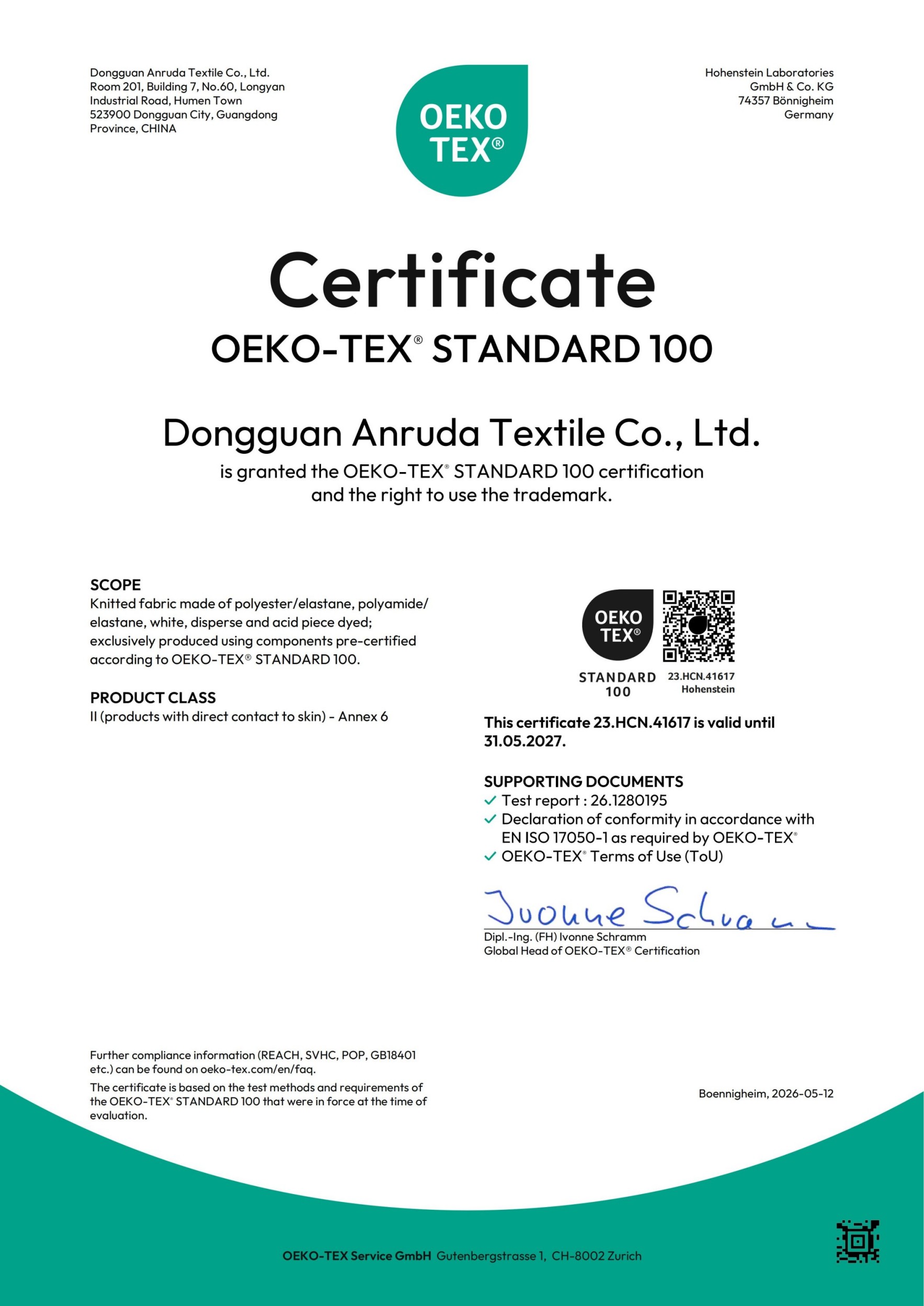 OEKO-TEX Standard 100 certificate