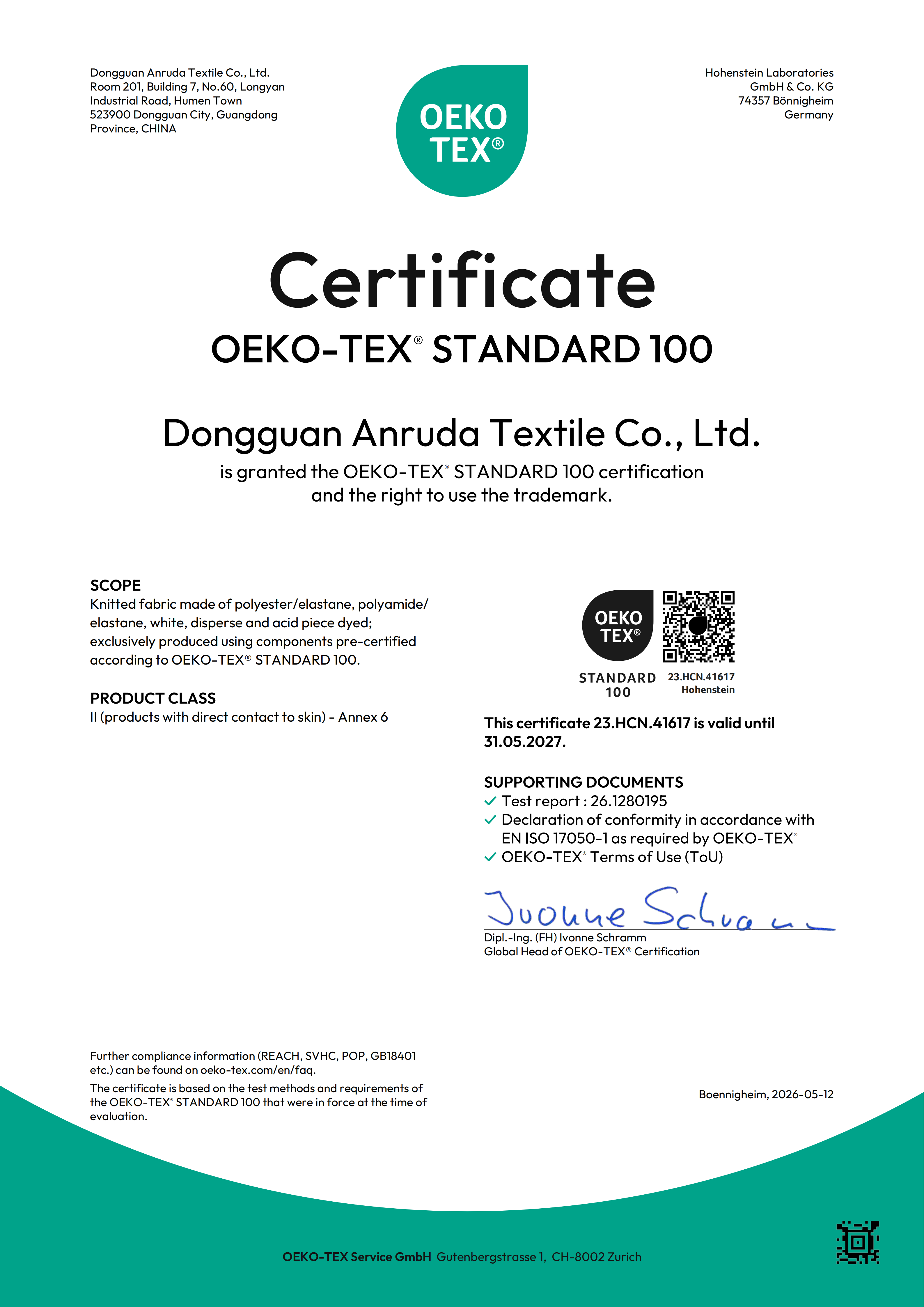 OEKO-TEX STANDARD 100 certificate issued to Dongguan ANBO Weaving Co., Ltd.