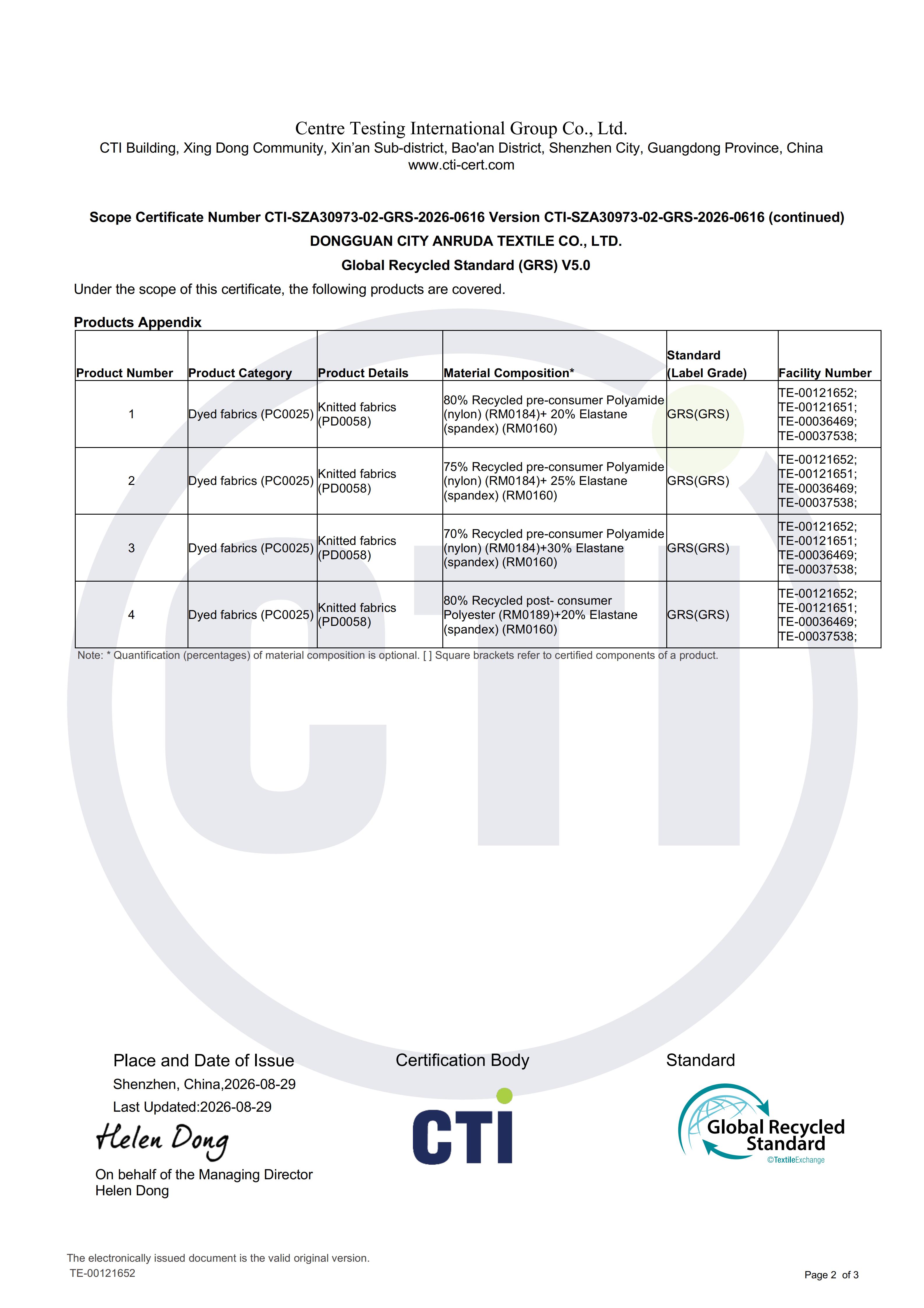 &Acirc;mbito de material reciclado de nylon e poli&eacute;ster reciclado certificado GRS