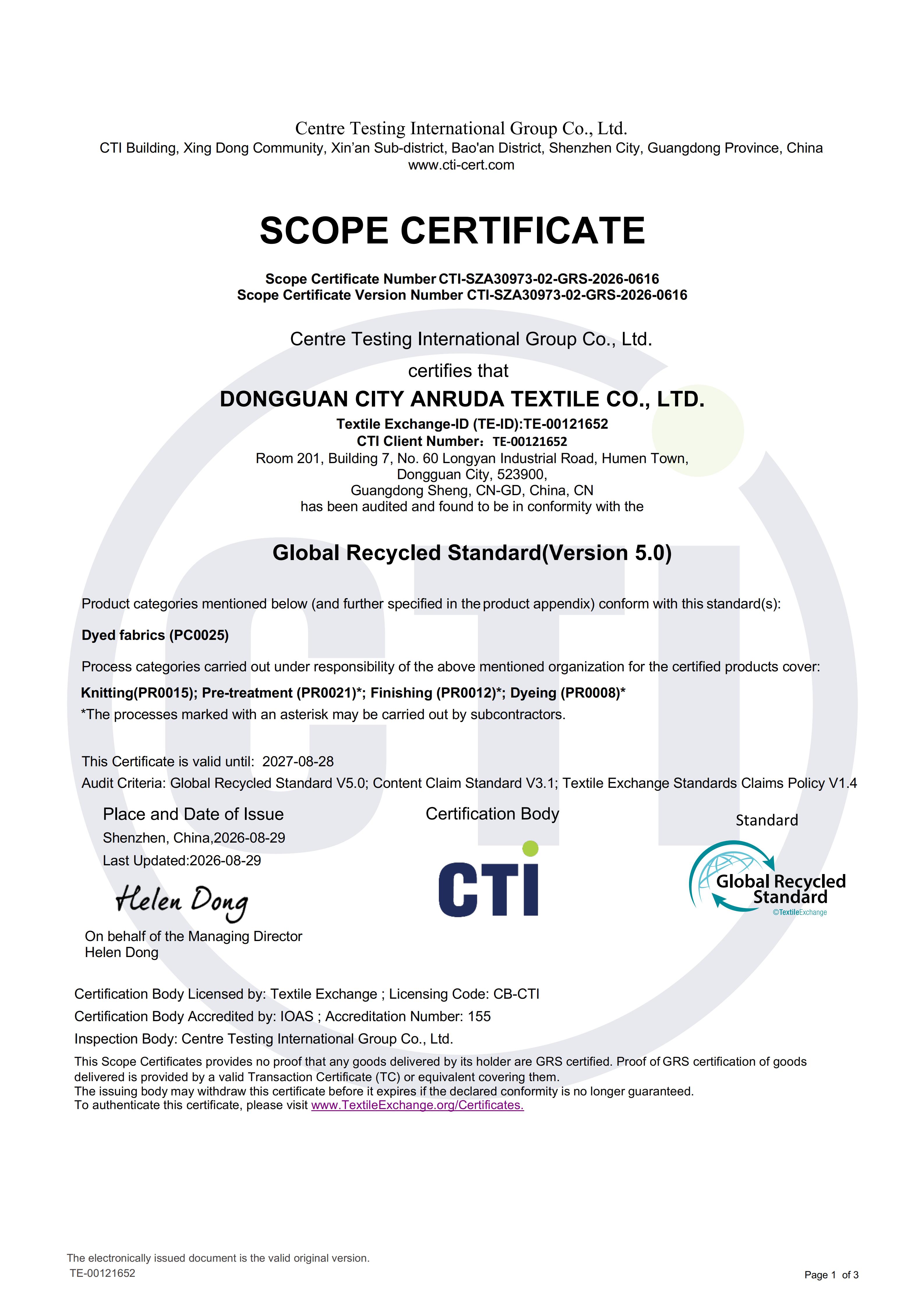 Certificado de escopo Global Recycled Standard emitido para Dongguan ANBO Weaving Co., Ltd.
